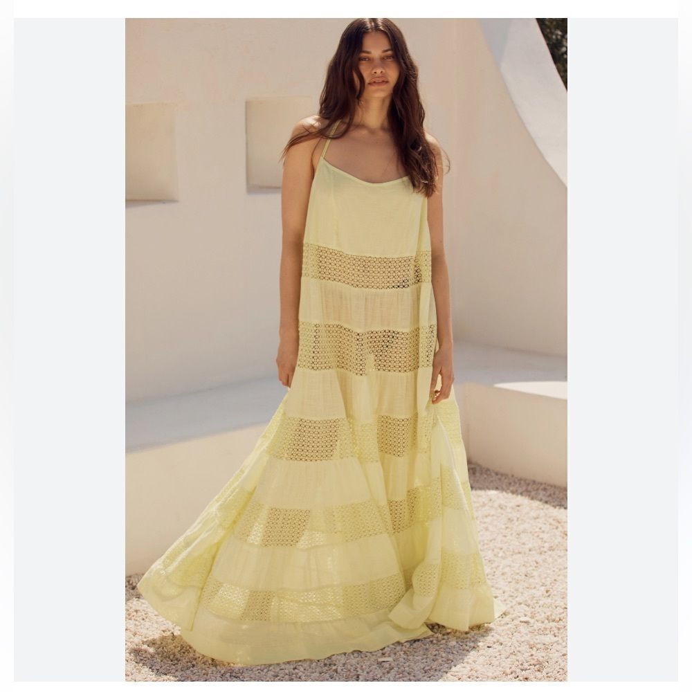 By Anthropologie Sheer Lace Tiered Midi Dress Medium lime 🍋‍🟩 green yellow color